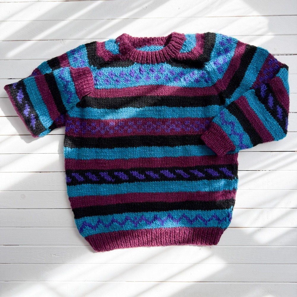 vtg blue purple black striped hand knit heavy wool sweater‎ size L